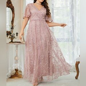 (Sold out) Belle Plus Floral Embroidered Flutter Sleeve MeshBridesmaid Dress